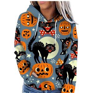 Women's Halloween Pumpkin & Cat Graphic Hoodie – Sporty, Cozy Fall- Size Large